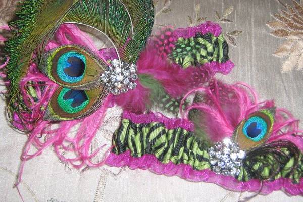 Bridal or Prom Garter Set with Lime Green Zebra and Magenta Pink Sheer Ruffles, Peacock Eye and Sword Feathers and Rhinestone Jewel Centers