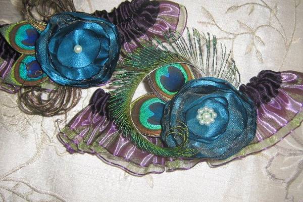 Bridal or Prom Garter Set in Eggplant Purple and Sage Green Ruffles with Peacock Feathers and Teal Roses