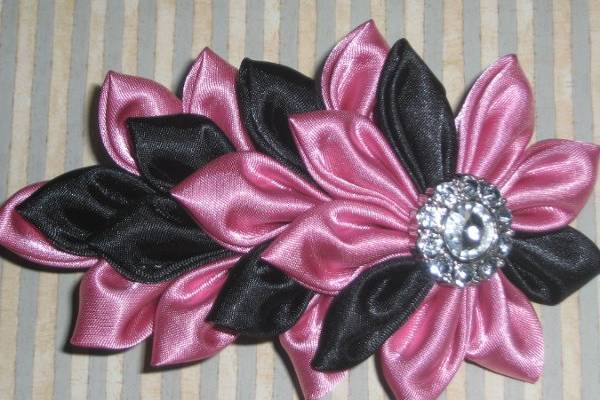 Kanzashi Flower Hair Clip in Rose Pink and Black Satin Multi-Layer Petals on a French Style Barrette,
DeviledHeadBands/Etsy