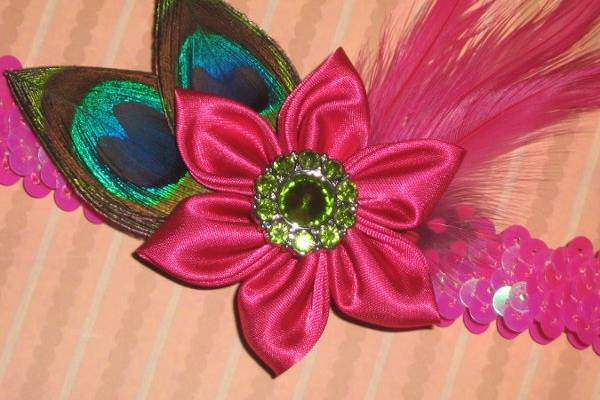 Sequin Baby HeadBand in Fuschia Pink Sequins with Kanzashi Flower, Peacock, Hackle and Guinea Feathers and Green Sparkle Center,
DeviledHeadBands/Etsy
