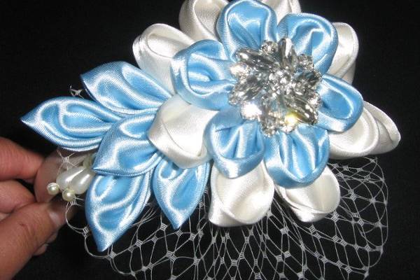 Bridal HeadBand Piece with Ivory and Light Blue Satin Multi-Layer Kanzashi Petals, Pearl Drops, Rhinestone Center and Ivory French Veiling