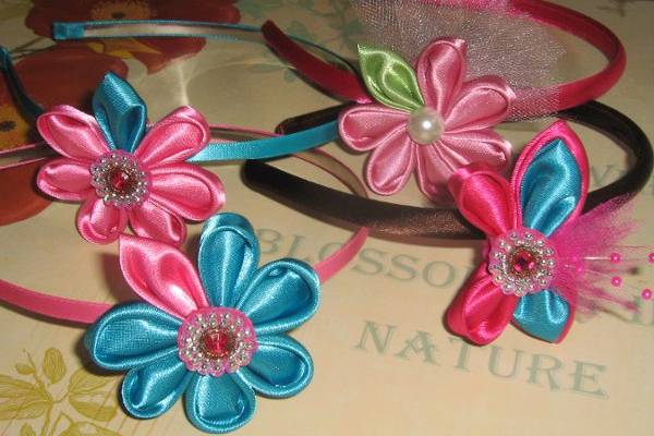 Assorted Color Skinny Headbands with Kanzashi Flowers,
DeviledHeadBands