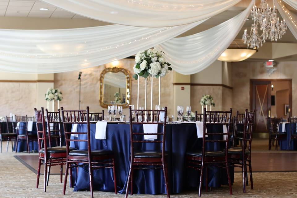 Ceiling draping & centerpieces