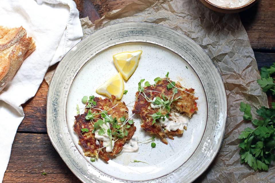 Crab cakes can be made served on their own or as a slider.