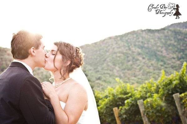 A kiss against the lush hills of the Rogue Valley as the sun flares behind the newlywed couple. Wedding photography in a vineyard.