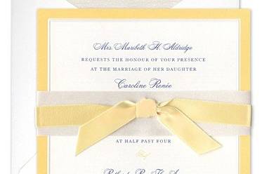 Saffron and Shimmer Flat Square Invitation with Wrap and Yellow Bow by William Arthur