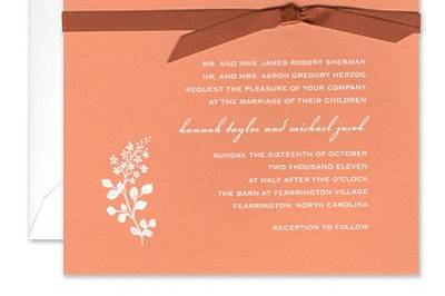 Terra Cotta Leaf Square Flat Invitation with Terra Cotta Bow and Double Envelopes by William Arthur