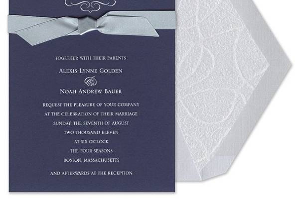 Dark Blue Flat Invitation with Light Blue Ribbon and Envelope by William Arthur