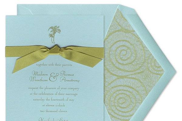 Robin's Egg Invitation with Moss Green Bow and Robin's Egg Envelope by William Arthur
