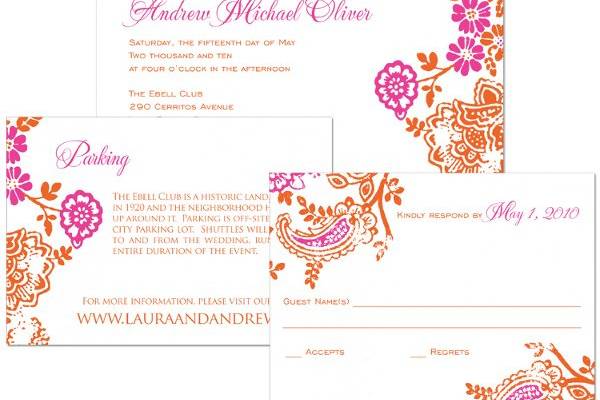 Cari Pink and Orange on White Wedding Invitations by The Green Kangaroo