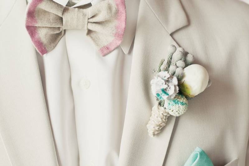 handmade bow-tie, watercolor boutonniere, hand dipped handkerchief. All made by Charlie and Olivia