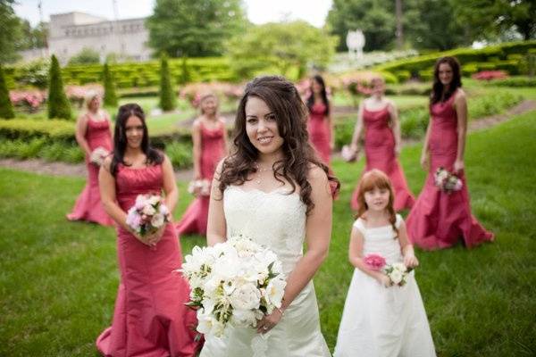 Bride, bridesmaids, and flower girl