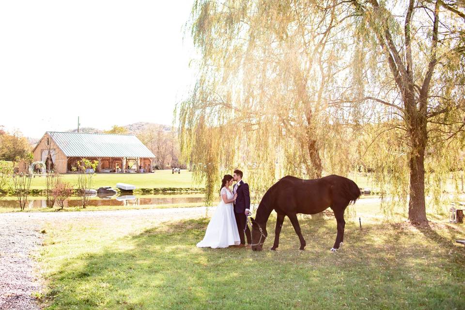 Couple and horse by lakeside