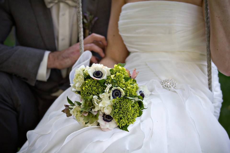 Bridal Bouquet of White & Green Hydrangea, Black & White Anemones, and Hellebores.