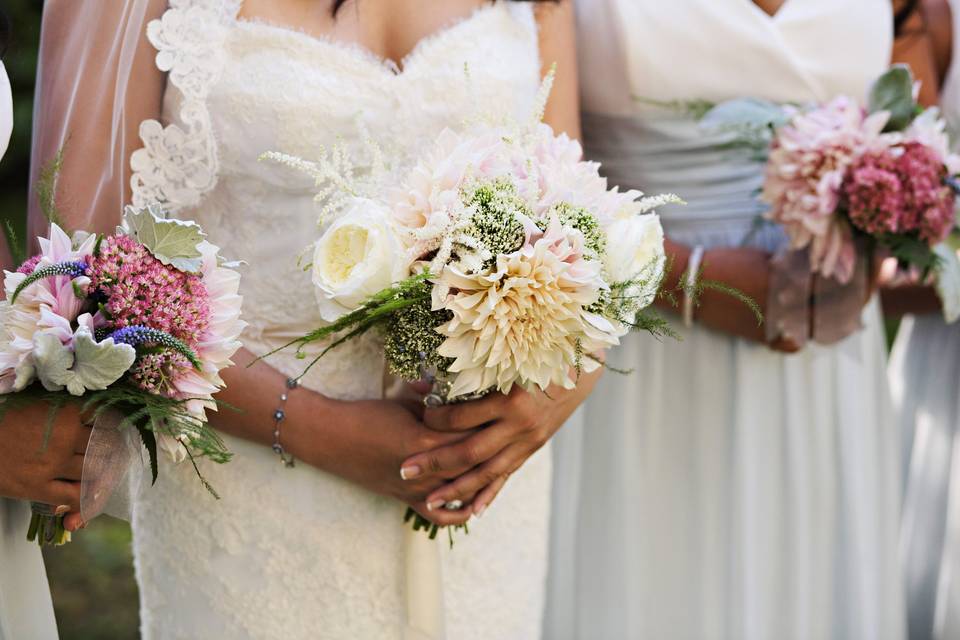 Bouquet of Dinner Plate Dahlias, David Austin Garden Roses, and assorted wildflowers