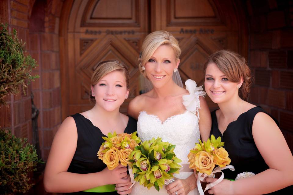 Bridal Bouquet of Green Cymbidium Orchids with Swarovski Crystal handle.  Jr. Bridesmaids' bouquets of Gold/Champagne Roses & Green Miniature Cymbidum Orchids