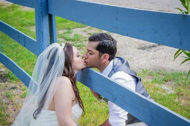 Couple kiss on fence