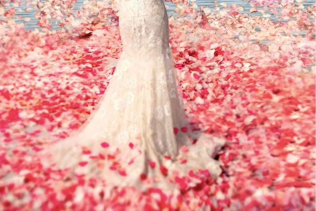 DEVOTION <br>Ivory floral embroidered mermaid silhouette with ivory linen and guipure vine straps.