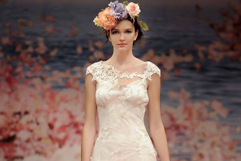 ADAGIO <br>Draped ivory olive branch embroidery with pearl silk and jeweled guipure vine embellishments.