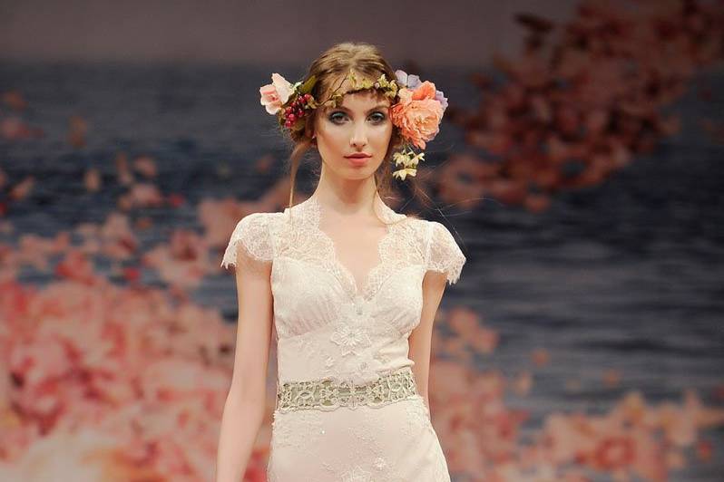 BEAUTY <br>Ivory beaded lace bodice and linen skirt with pink and green jeweled keyhole back.