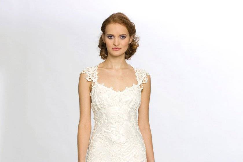 CHANTILLY <br>Beaded ivory cotton lace mermaid gown with sweetheart neckline and sheer back.