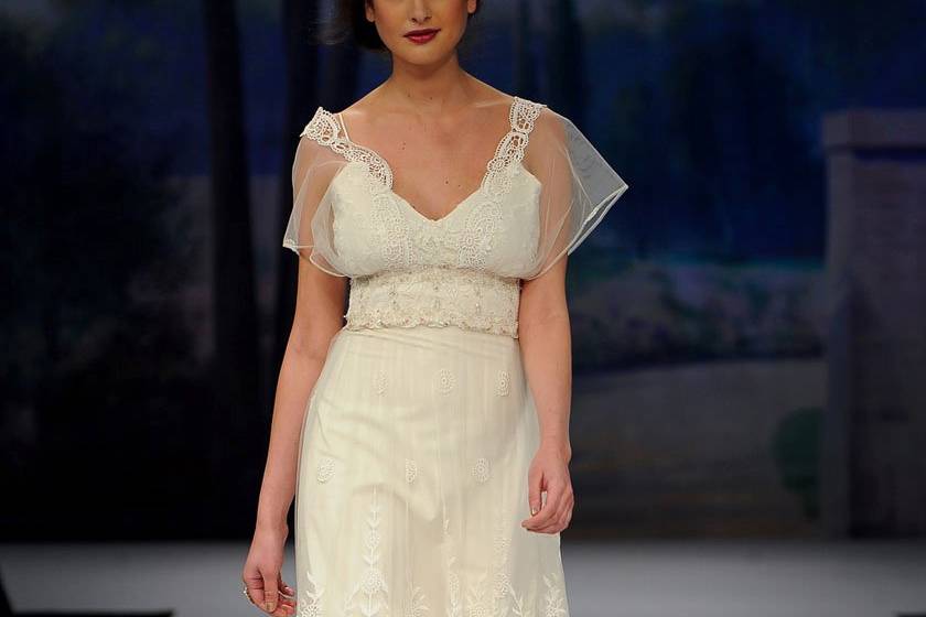 CHATEAU MARMONT <br>Ivory embroidery over cotton with silk bows, beaded lace bodice with guipure edged tulle overlay.