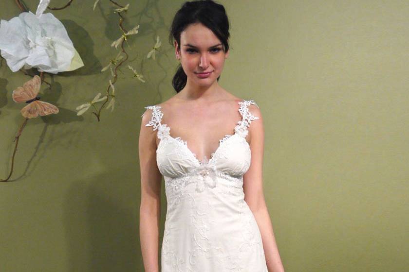 CONSTANCE <br>Ivory cotton embroidered sheath over cotton lining with lace straps and silk flowers.