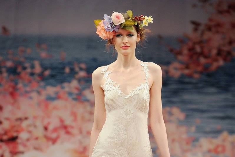 DEVOTION <br>Ivory floral embroidered mermaid silhouette with ivory linen and guipure vine straps.