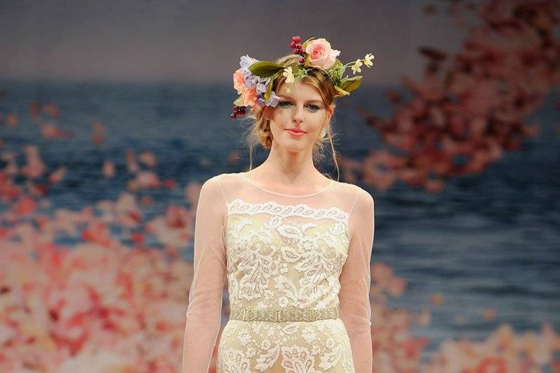 HELENA <br>Ivory laser cut sheath lined in gold silk with tulle long sleeves and gold belt.