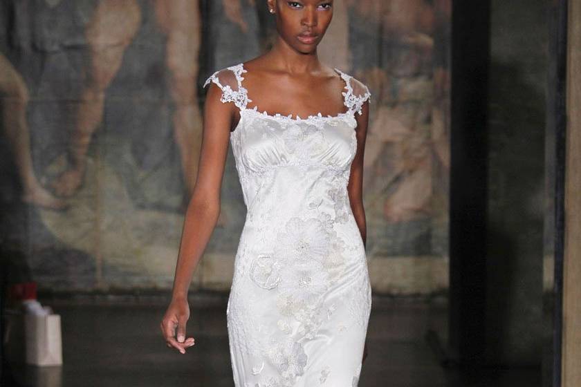 ORANGE BLOSSOM <br>Silver flowers embroidered on tulle with illusion tulle back and cap sleeves.