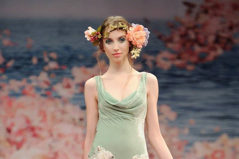 VENUS <br>Seafoam cowl neck velvet gown with iridescent lace and jeweled floral embellishments.