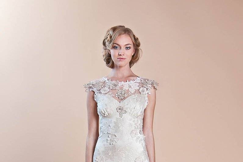 HAZEL <br>Floral embroidered sweetheart neckline wedding dress over luxurious platinum silk charmeuse with vintage lace shawl and overskirt in powder blue accented with guipure embroidered waist detail.