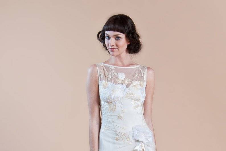 SKY BETWEEN THE BRANCHES <br>Matte sequins and ivory cut-out embroidery with sheer back.