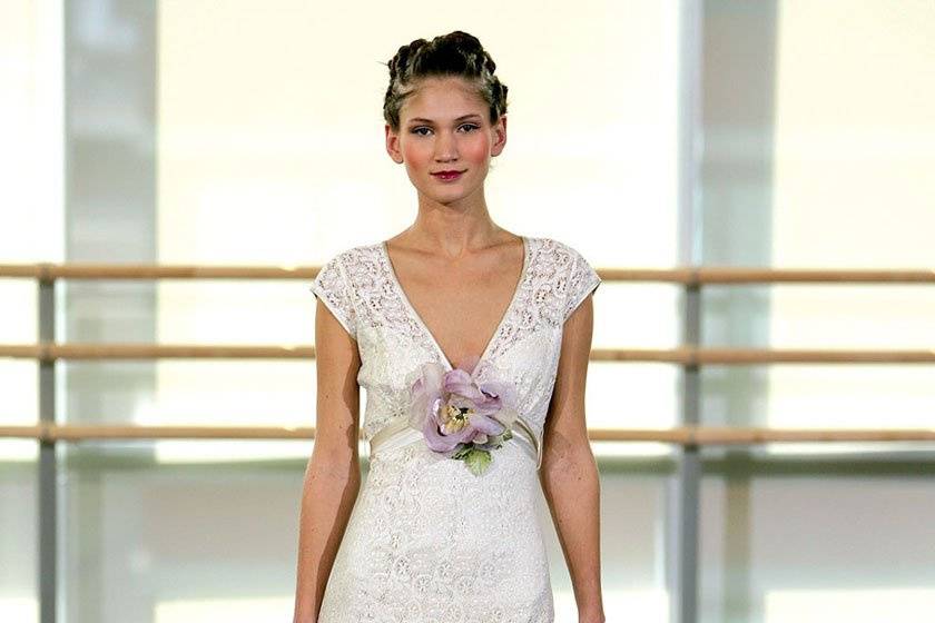 YOLANDA <br>Ivory cotton crochet lace over platinum silk charmeuse with a lavender velvet and silk rose and hand dyed silk ribbon.The contrast of matte and shine, precious and simple, enhances the beauty of each, just as the wedding gown enhances the bride.