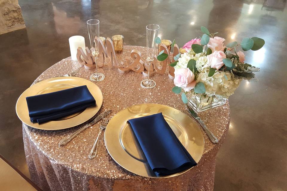 Sweetheart table with sequence tablecloth