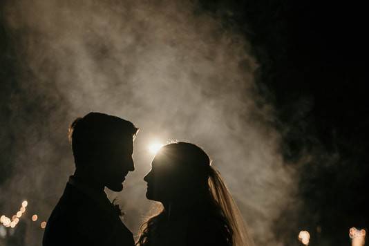 Foggy bride and groom shot
