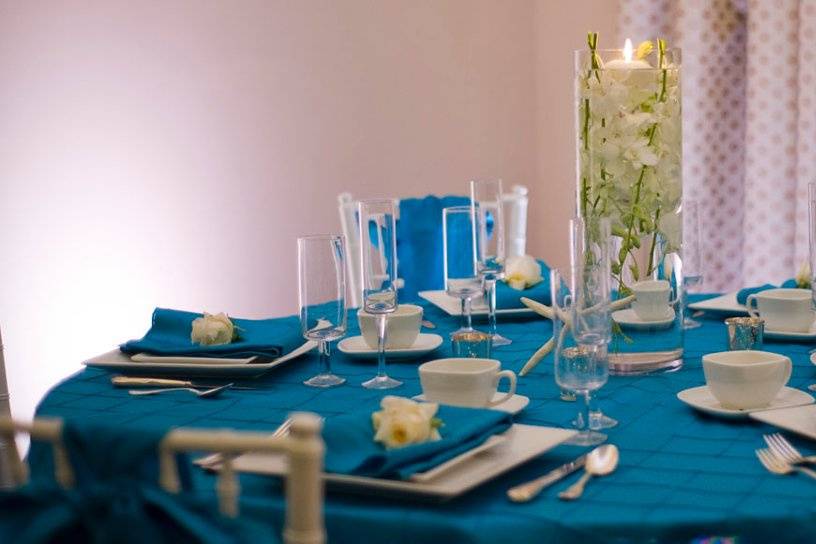 Blue table setup with centerpiece