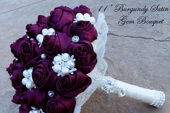 Royal Burgundy Satin Bridal Brooch Bouquet 10.5