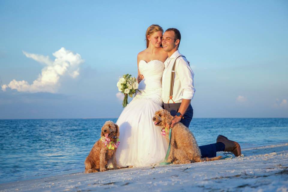 Newlyweds and their guests outside the house