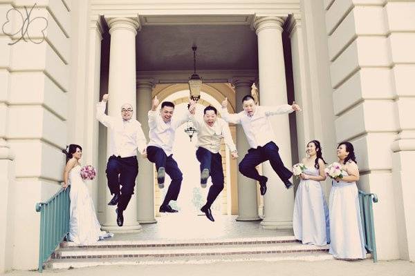 wedding party jump at the Pasadena City Hall