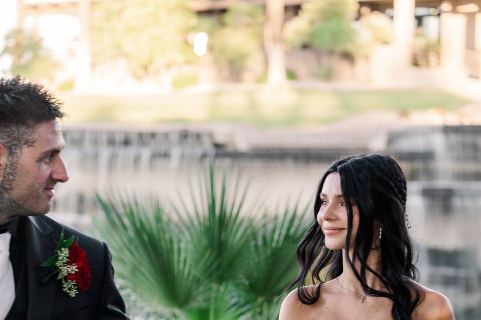 Bride and groom looking
