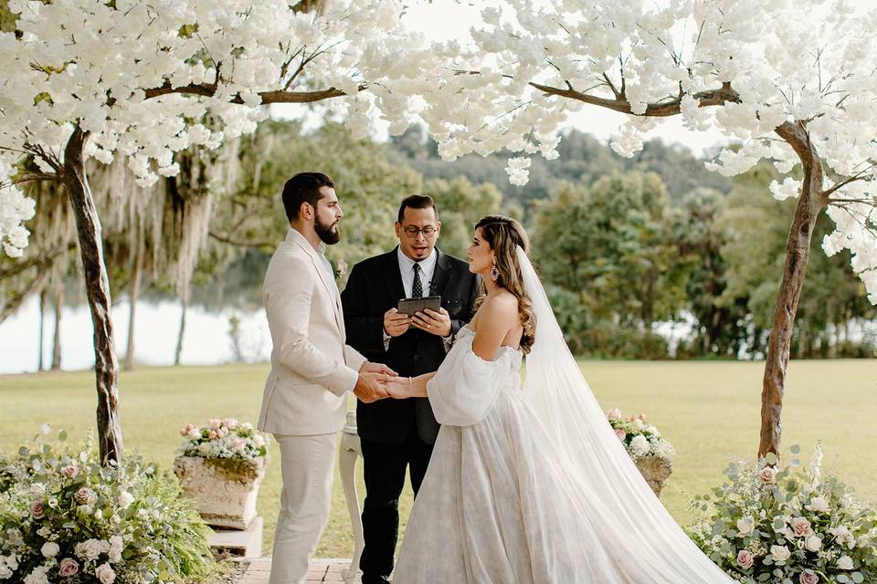 White blossom trees ceremony