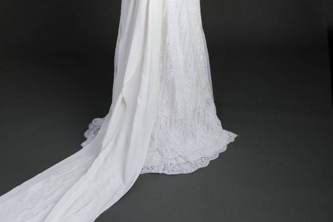 Style: Malek
Back View
Halter cowl neckline re-embroidered French lace & silk crepe train A-line gown