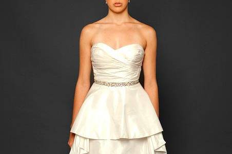 Style: Blair
Silk taffeta draped sweetheart A-line gown with circle skirt and embellished belt