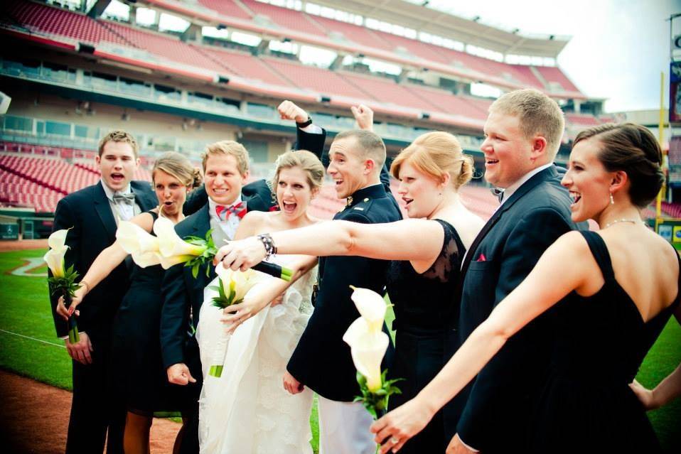 The couple with the bridesmaids and groomsmen