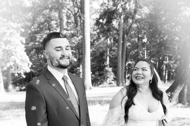 Bubbly bride and groom