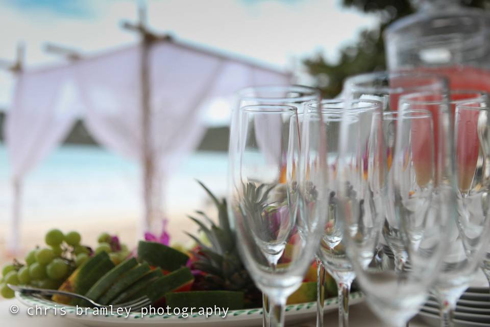 A reception set up on the beach at Magen's Bay.