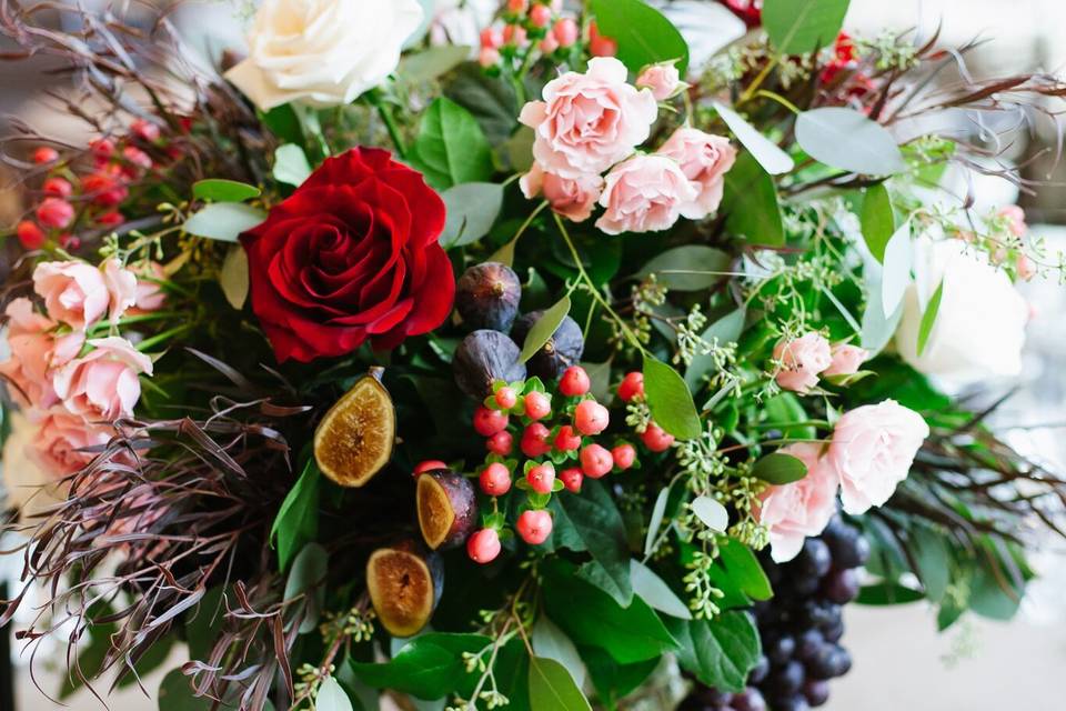 Fig and Flower Centerpiece in urn