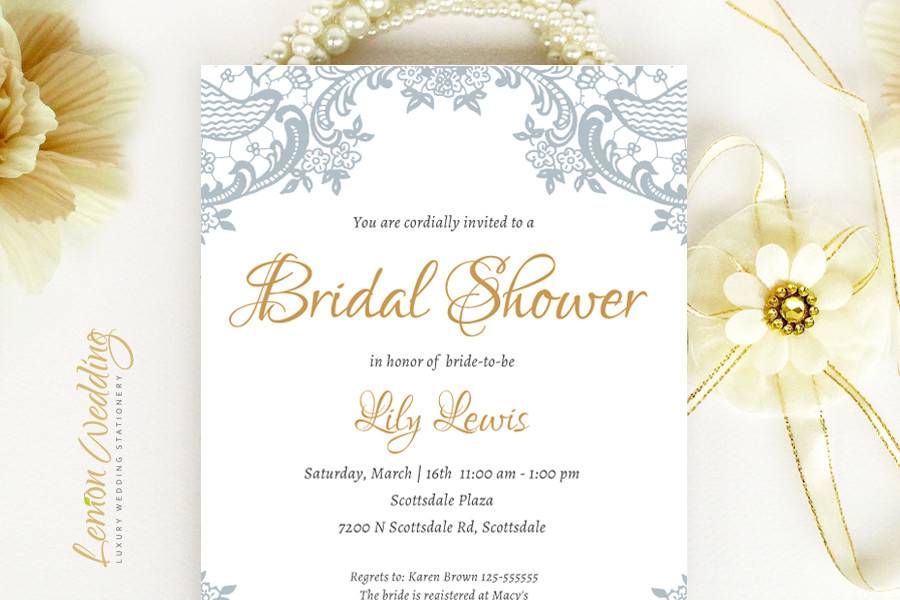 Gray and gold lace Bridal Shower Invitation