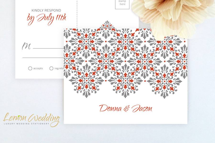 Postcard style RSVP featuring red and gray ornate ornament